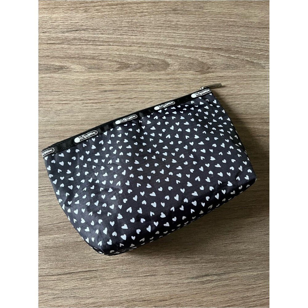 LeSportsac Black and White Heart Zip Top Cosmetic Make Up Pouch Bag